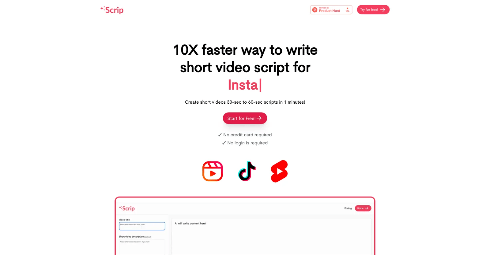 Crea guiones virales en segundos con Scrip AI, la herramienta gratuita y rápida para creadores de contenido
